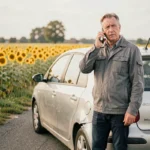 Homme au téléphone après un accident de voiture sur une route rurale du Gers entourée de champs de tournesols