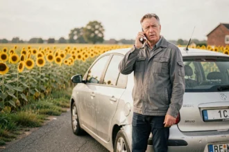 Homme au téléphone après un accident de voiture sur une route rurale du Gers entourée de champs de tournesols