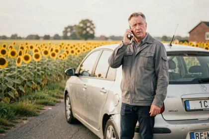 Homme au téléphone après un accident de voiture sur une route rurale du Gers entourée de champs de tournesols