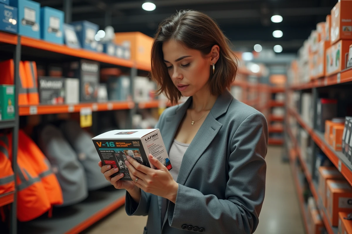 Femme examinant une balise V-16 homologuée dans un magasin d'accessoires automobiles