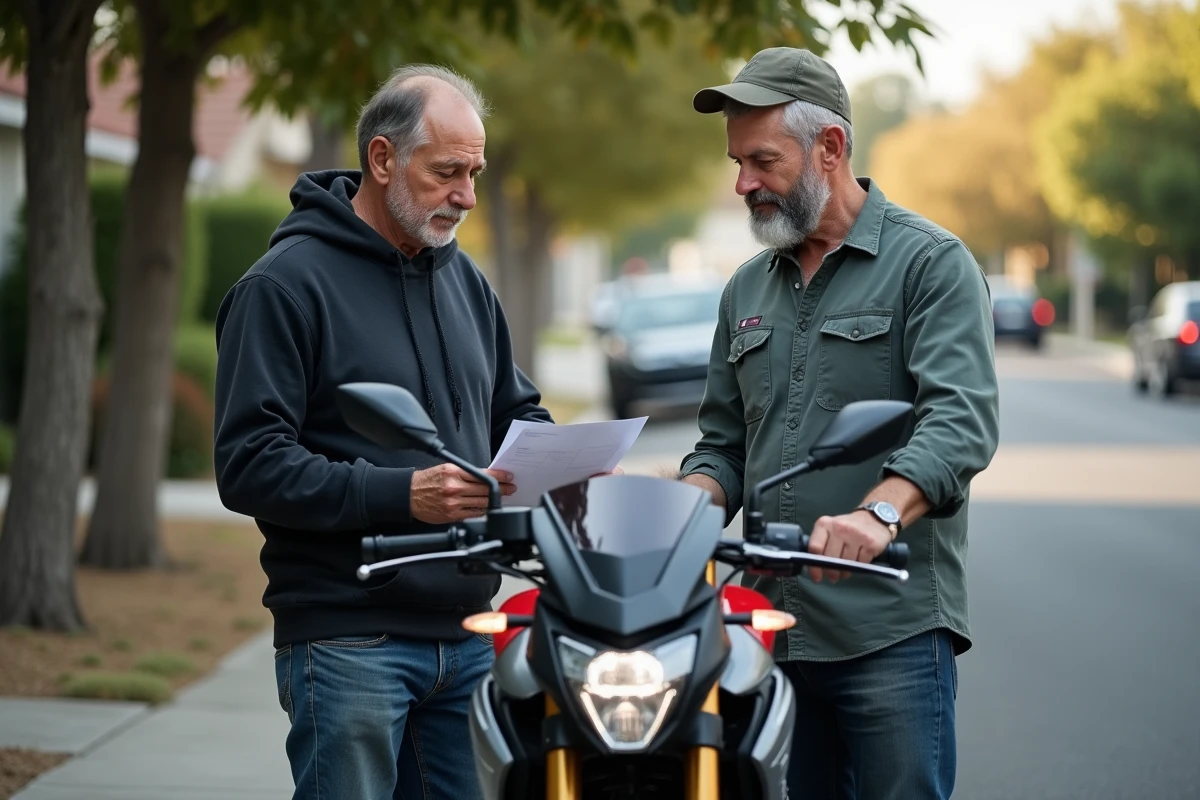 Acheteur et vendeur examinant les documents d'une moto d'occasion dans une rue résidentielle pour sécuriser la transaction