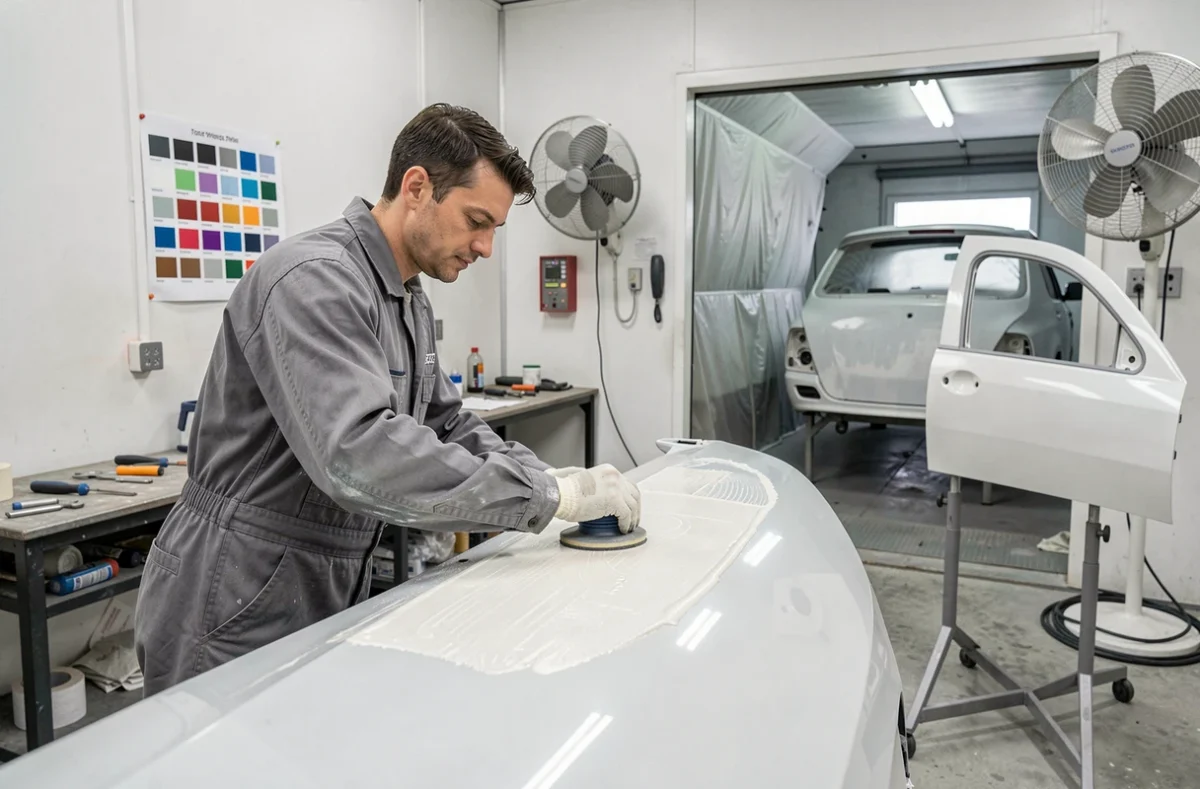 Carrossier d'AD2R appliquant une réparation après sinistre sur la carrosserie d'un véhicule endommagé