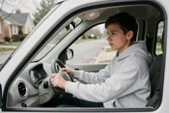 Jeune adolescent de 14 ans assis au volant d'une voiture sans permis électrique dans un quartier résidentiel