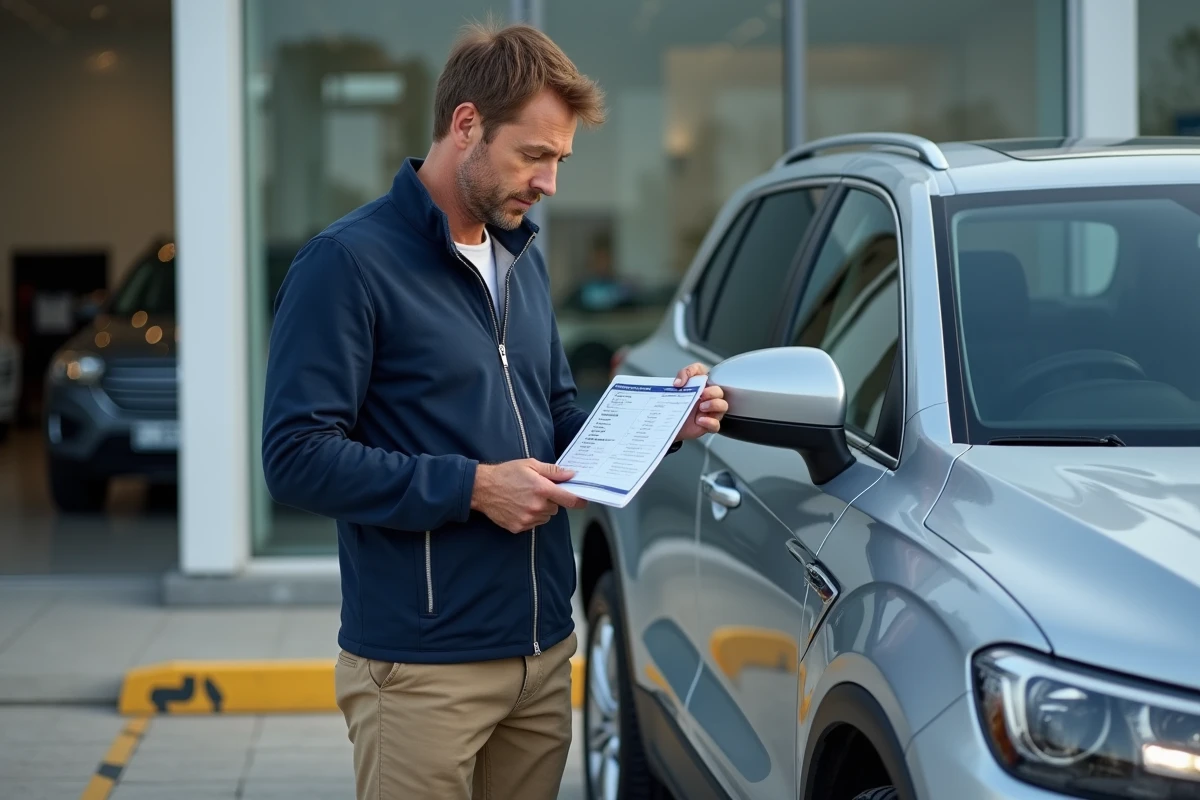 Homme analysant les coûts d'usage d'un SUV familial devant une concession automobile