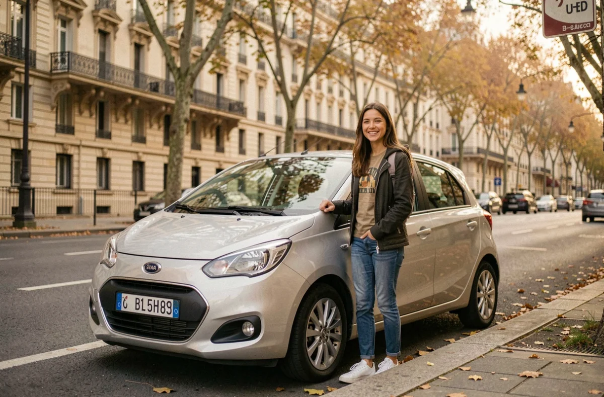 Élève souriante après un exercice de stationnement dans une rue du 6e arrondissement de Lyon avec l'Auto Ecole des Brotteaux