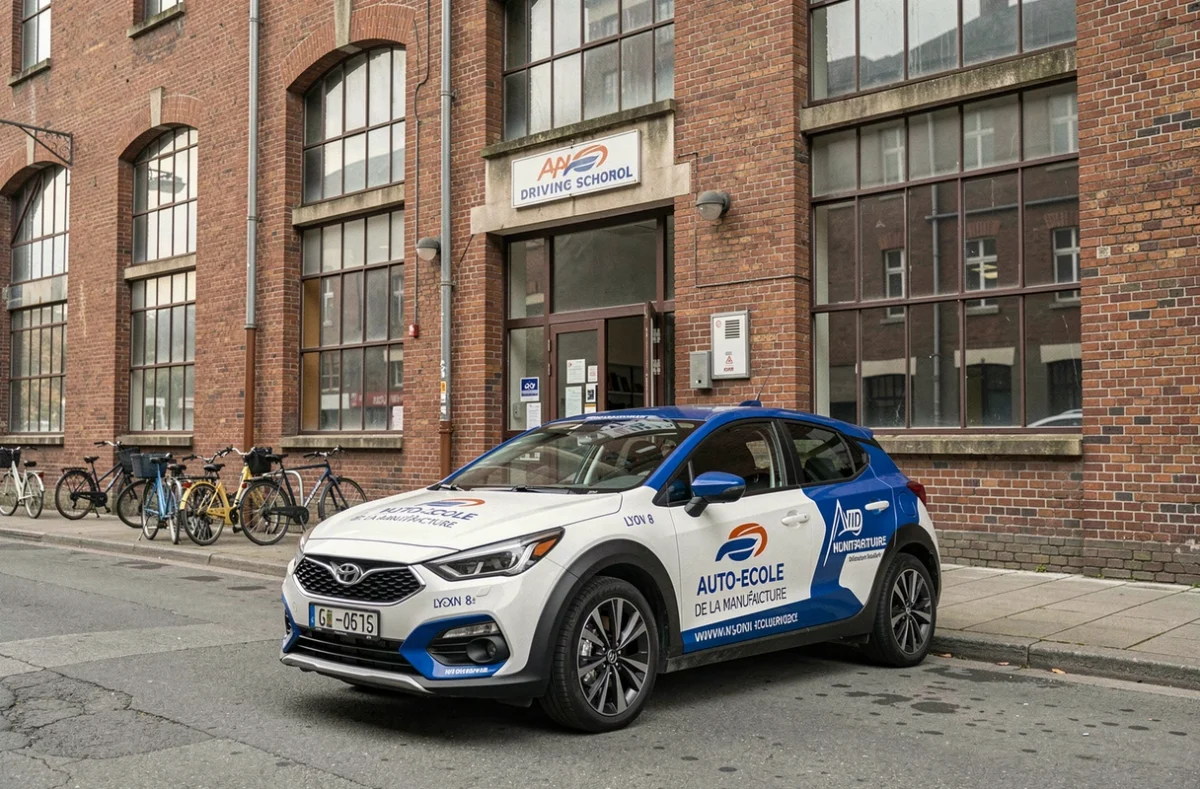 Véhicule de l'Auto-Ecole de la Manufacture garé devant un bâtiment en brique rénovée dans le 8e arrondissement de Lyon