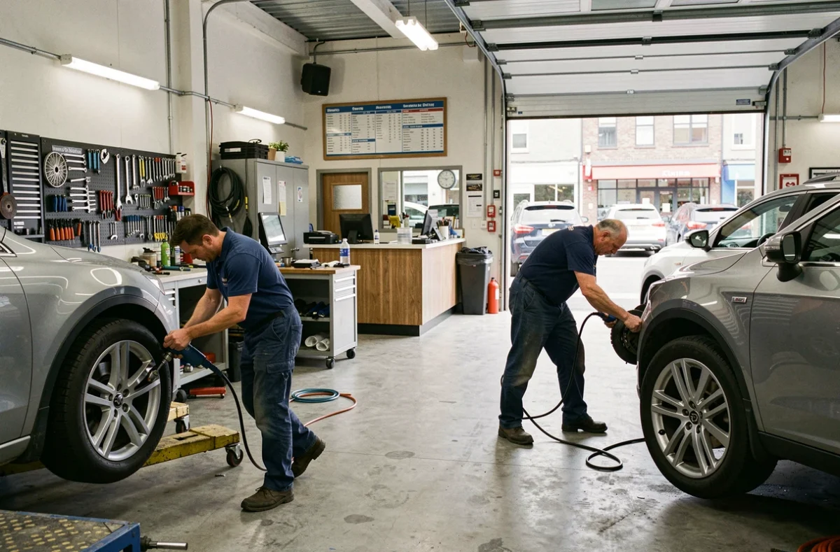 Atelier polyvalent d'Auto Top Services avec plusieurs mécaniciens travaillant simultanément sur différents véhicules