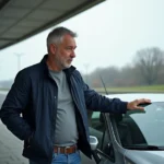 Automobiliste faisant le plein sur une station-service d'autoroute française, regardant le compteur de carburant d'un air pensif