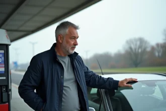 Automobiliste faisant le plein sur une station-service d'autoroute française, regardant le compteur de carburant d'un air pensif
