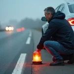 Homme plaçant une balise lumineuse V-16 derrière sa voiture en panne sur l'autoroute