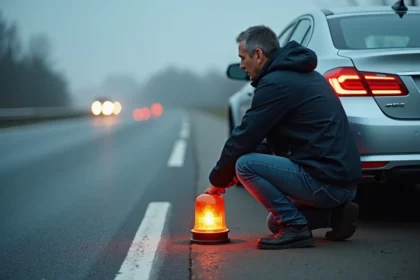 Homme plaçant une balise lumineuse V-16 derrière sa voiture en panne sur l'autoroute