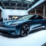 Berline électrique exposée sur un stand au Salon de l'automobile de Paris 2026, finition bleu métallisé et design aérodynamique