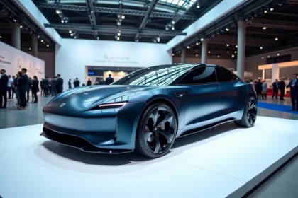 Berline électrique exposée sur un stand au Salon de l'automobile de Paris 2026, finition bleu métallisé et design aérodynamique