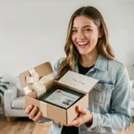 Jeune femme souriante tenant un cadeau personnalisé pour célébrer l'obtention du permis de conduire dans un salon moderne