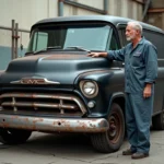 Mécanicien inspectant un vieux van GMC noir des années 80 dans un parking industriel, scène de restauration automobile