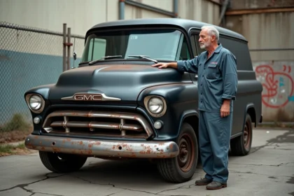 Mécanicien inspectant un vieux van GMC noir des années 80 dans un parking industriel, scène de restauration automobile