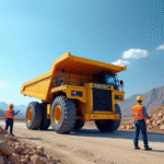 Gros plan sur un camion benne sur un chantier moderne avec ouvriers