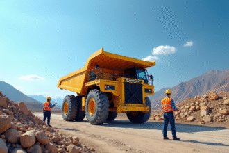 Gros plan sur un camion benne sur un chantier moderne avec ouvriers