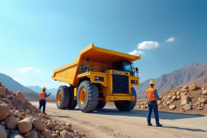 Gros plan sur un camion benne sur un chantier moderne avec ouvriers
