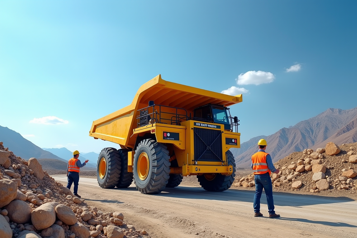 Gros plan sur un camion benne sur un chantier moderne avec ouvriers