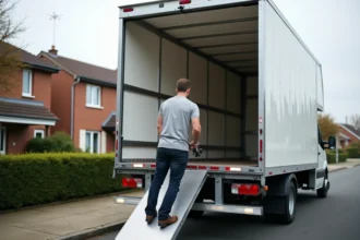 Homme en train d'utiliser le hayon hydraulique d'un camion de déménagement 20m3 devant une maison en banlieue