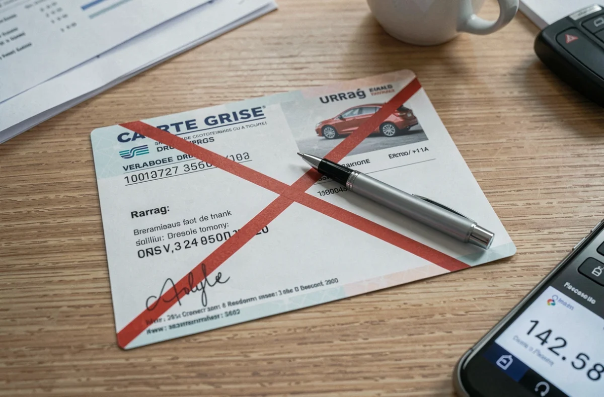 Carte grise barrée posée sur un bureau lors d'une cession de véhicule