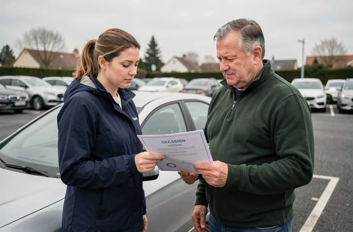 Deux personnes examinant un certificat de cession devant une voiture dans un parking