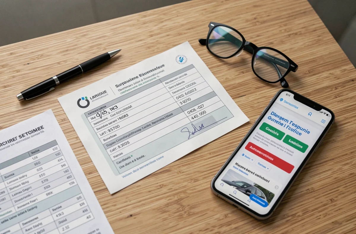 Certificat d'immatriculation carte grise posé sur une table avec documents de taxes associés