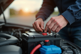 Une personne change une batterie de voiture en extérieur en plein jour