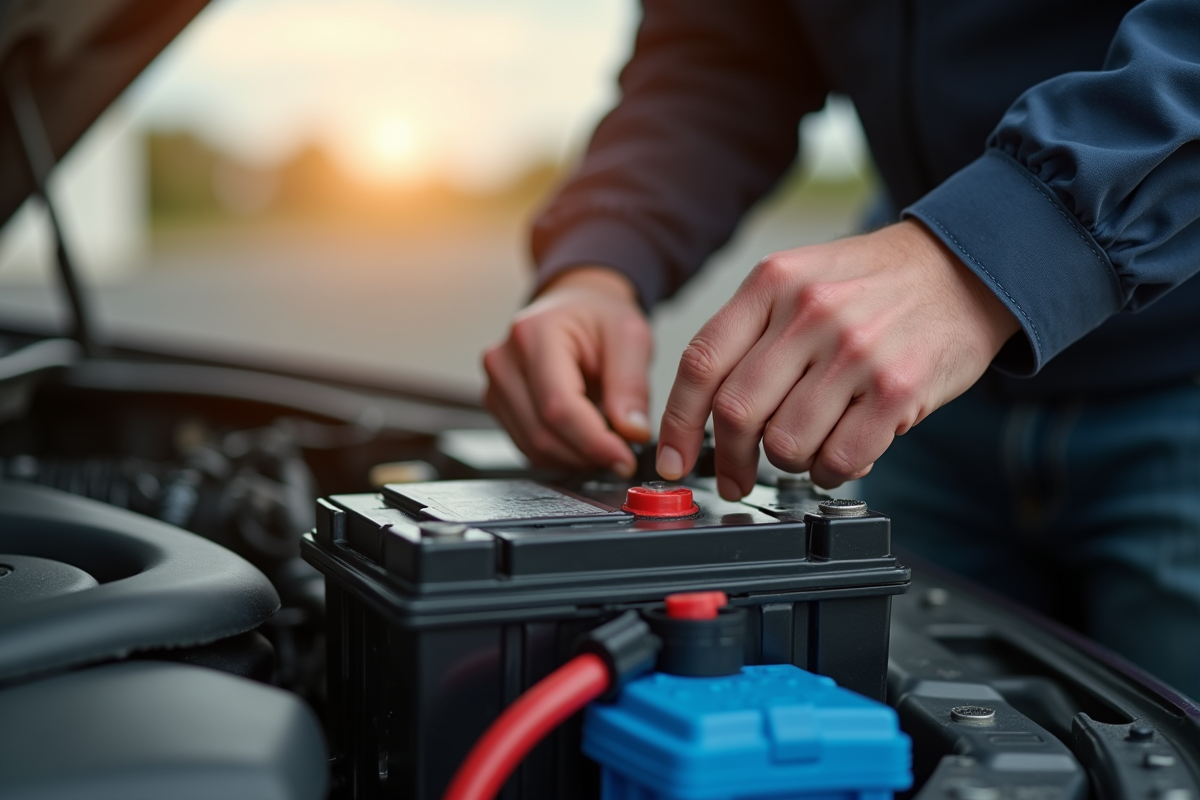 Une personne change une batterie de voiture en extérieur en plein jour