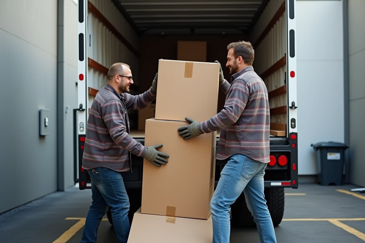 Deux hommes chargeant des cartons sur le hayon d'un camion de location 20m3 en zone urbaine