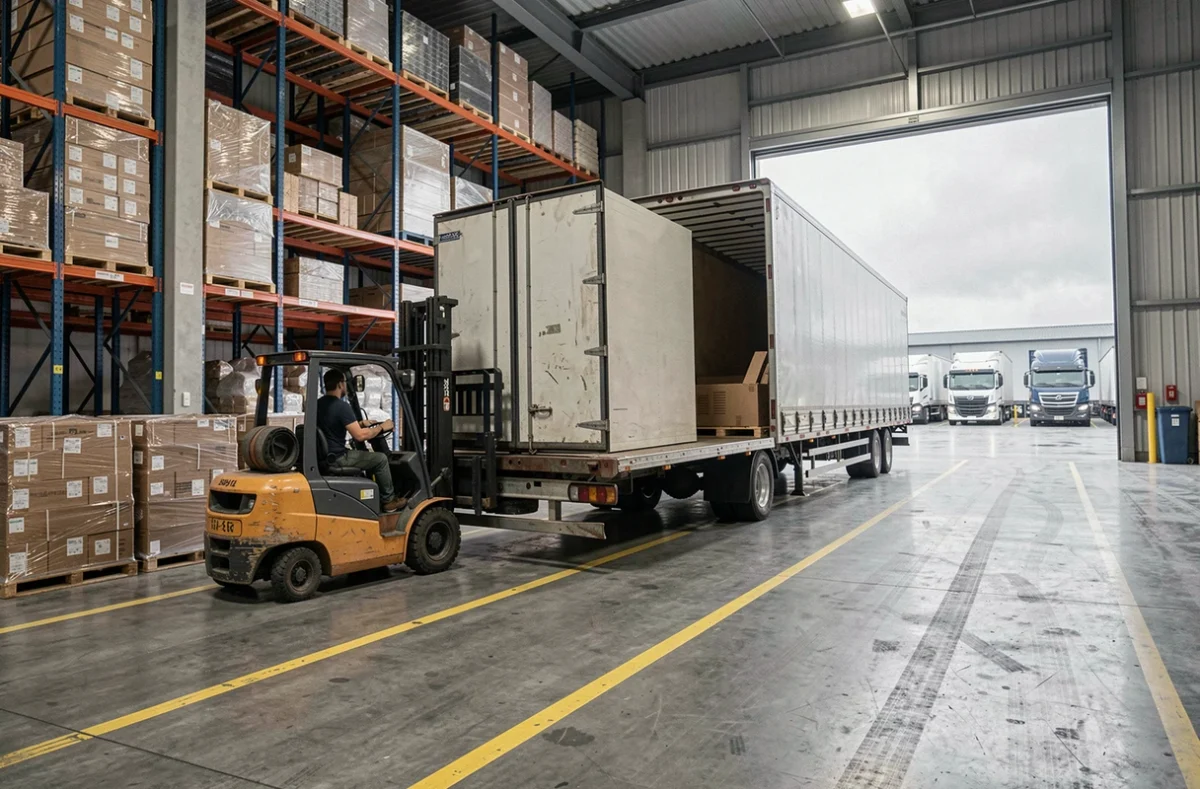 Chargement de palettes sur une remorque dans un entrepôt de distribution régionale avec chariots élévateurs