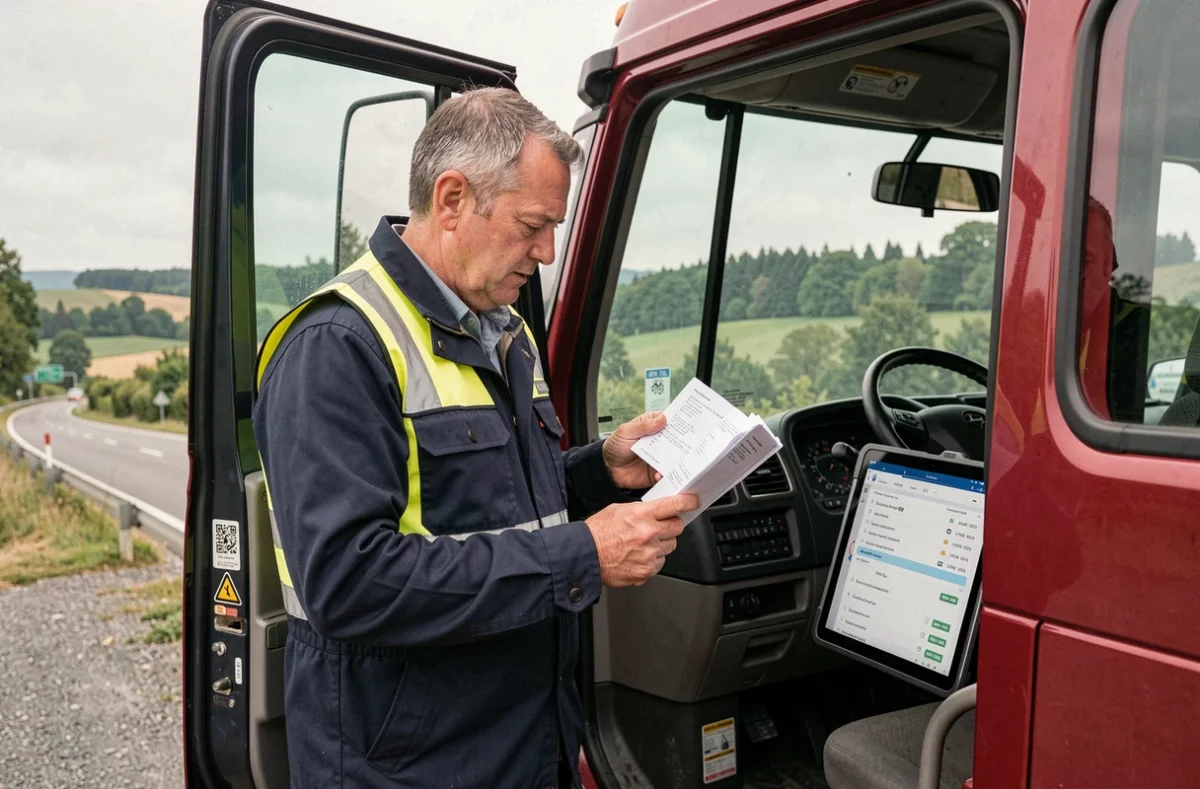 Chauffeur de poids lourd consultant sa feuille de route à côté de la cabine d'un porteur sur une aire de repos régionale