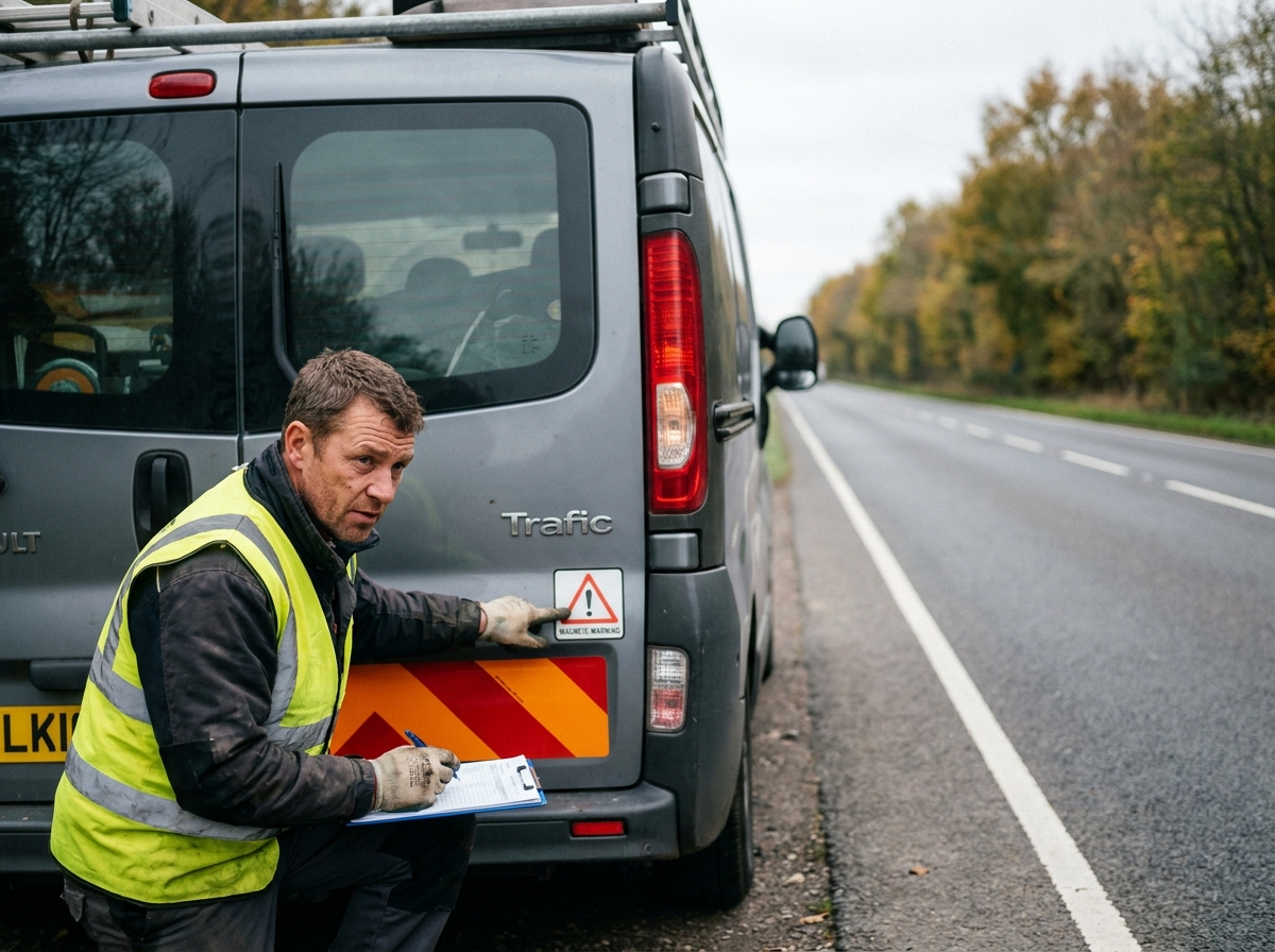 Chauffeur en gilet haute visibilité vérifiant la signalisation arrière d'un Renault Trafic chargé sur une route de campagne