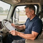 Chauffeur routier consultant un tableau de temps de conduite dans la cabine de son camion poids lourd