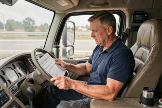 Chauffeur routier consultant un tableau de temps de conduite dans la cabine de son camion poids lourd