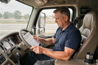 Chauffeur routier consultant un tableau de temps de conduite dans la cabine de son camion poids lourd
