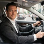 Chauffeur VTC professionnel en costume noir au volant d'une berline noire moderne en ville