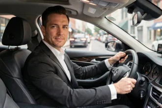 Chauffeur VTC professionnel en costume noir au volant d'une berline noire moderne en ville