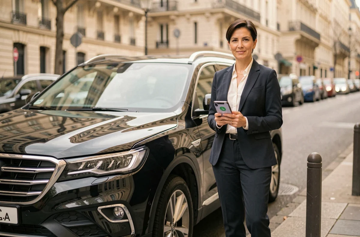 Chauffeuse VTC debout près de son SUV avec application de covoiturage sur smartphone dans une rue parisienne