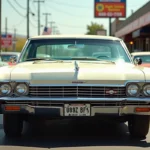 Chevrolet Impala 1967 blanche garée dans un lot de voitures d'occasion avec panneaux de prix, vue en angle avant 3/4