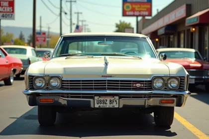 Chevrolet Impala 1967 blanche garée dans un lot de voitures d'occasion avec panneaux de prix, vue en angle avant 3/4