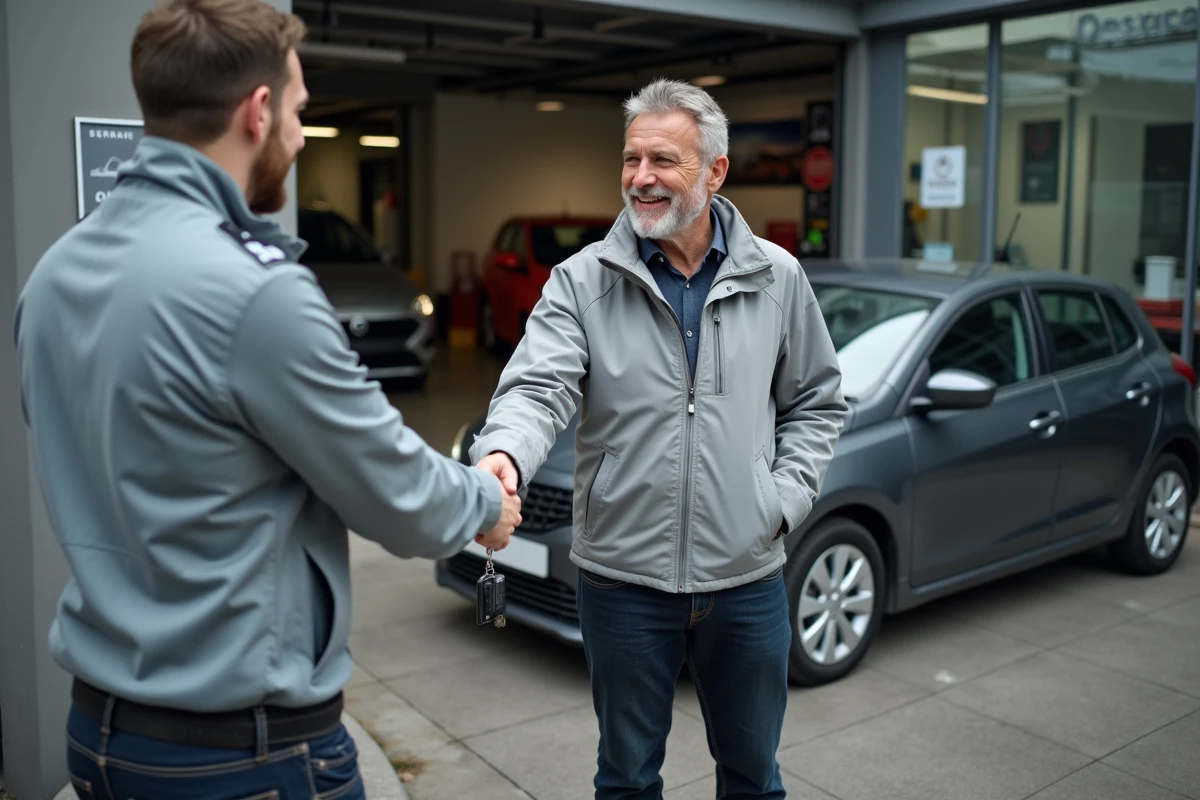 Client satisfait serrant la main d'un technicien devant un centre automobile après une reprogrammation moteur à Lille