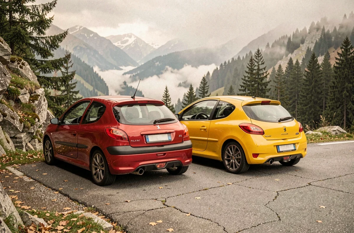 Renault Clio RS jaune et Peugeot 206 RC rouge côte à côte sur une route de montagne, vue arrière trois-quarts