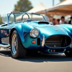 Cobra Shelby originale de 1965 en bleu métallisé lors d'un salon de voitures classiques, vue grand angle rasante mettant en valeur l'authenticité de la carrosserie