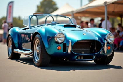 Cobra Shelby originale de 1965 en bleu métallisé lors d'un salon de voitures classiques, vue grand angle rasante mettant en valeur l'authenticité de la carrosserie