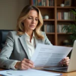 Femme professionnelle comparant un formulaire papier de cession de vente et un PDF sur ordinateur portable dans un bureau moderne