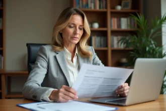 Femme professionnelle comparant un formulaire papier de cession de vente et un PDF sur ordinateur portable dans un bureau moderne