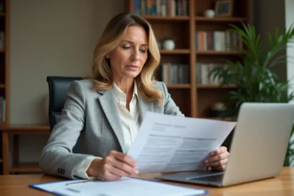 Femme professionnelle comparant un formulaire papier de cession de vente et un PDF sur ordinateur portable dans un bureau moderne