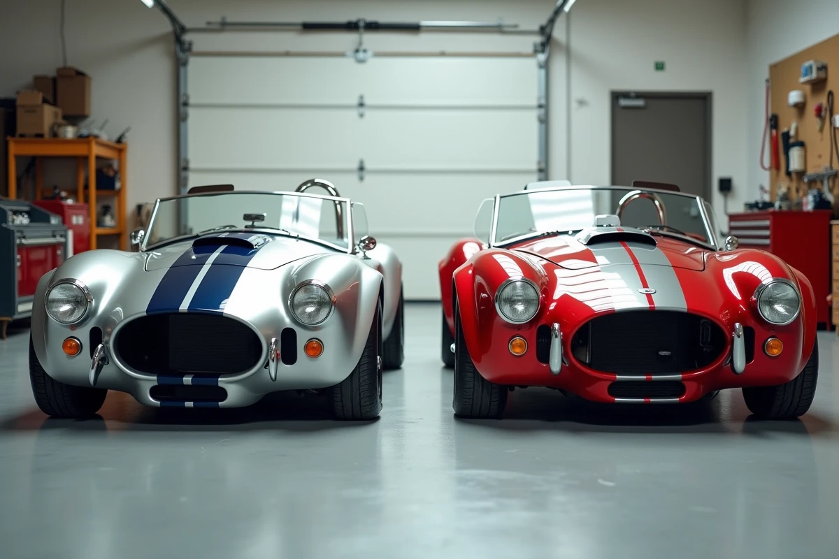 Comparaison côte à côte d'une vraie Cobra AC originale et d'une réplique moderne en fibre de verre dans un garage privé, mettant en évidence les différences de carrosserie